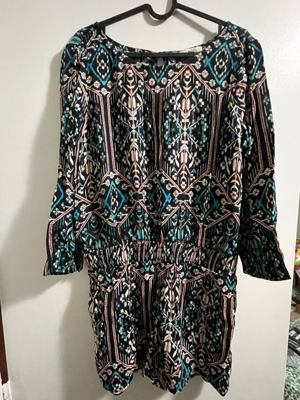 Ella Moss Black Dress with Teal and Cream Geometric Print